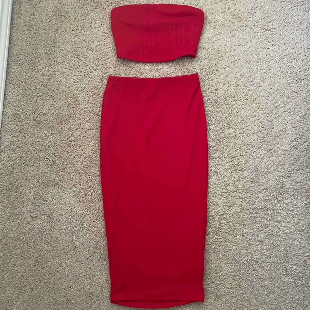 Fashion Nova Ribbed, Red Midi Skirt Set